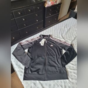 Adidas Black Zip Up Track Top with Light Pink Iconic Stripes